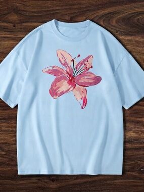Gildan Light Blue Tee with Pink Floral Graphic | Flower shirt | Bloom Shirt